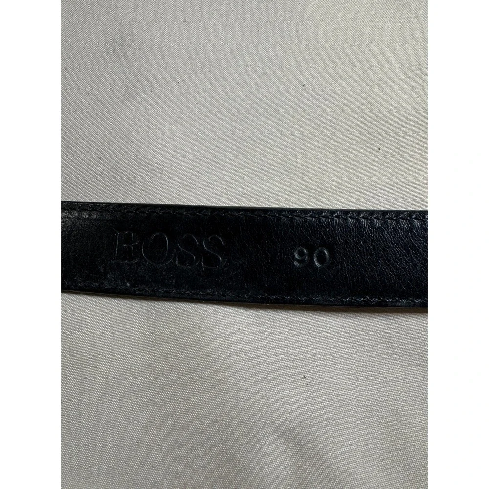 Hugo Boss Mens Leather Belt Size 90 Black Brown Contrast Stitch Logo Plaque